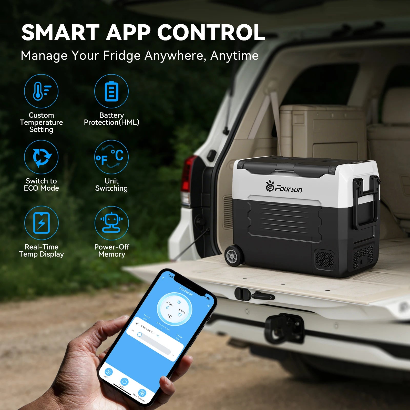 Foursun car fridge with Bluetooth app control on phone