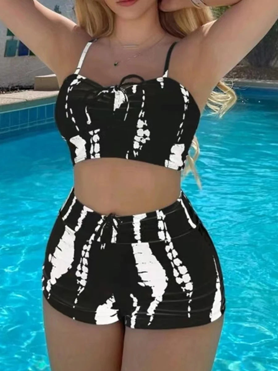 Black drawstring high-waist bikini set