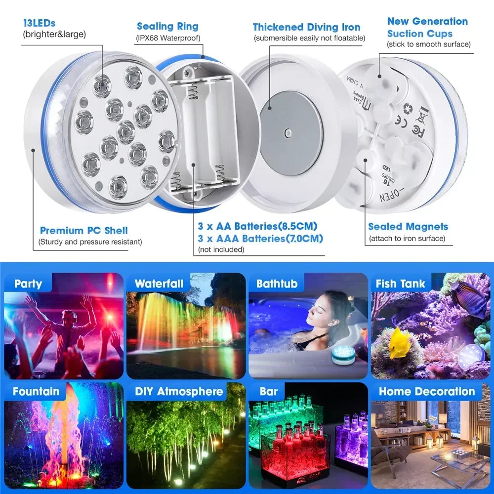 Submersible LED Underwater Pool Light with Remote - 13-LED RGB Color-Changing IP68