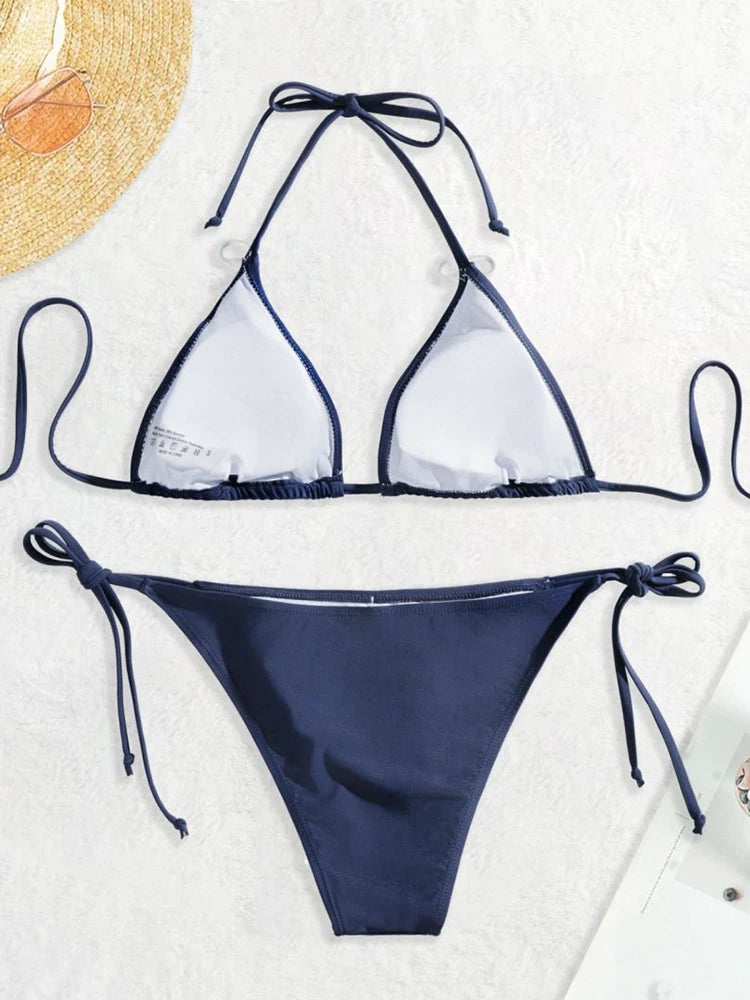Navy blue bikini thong bottom detail
