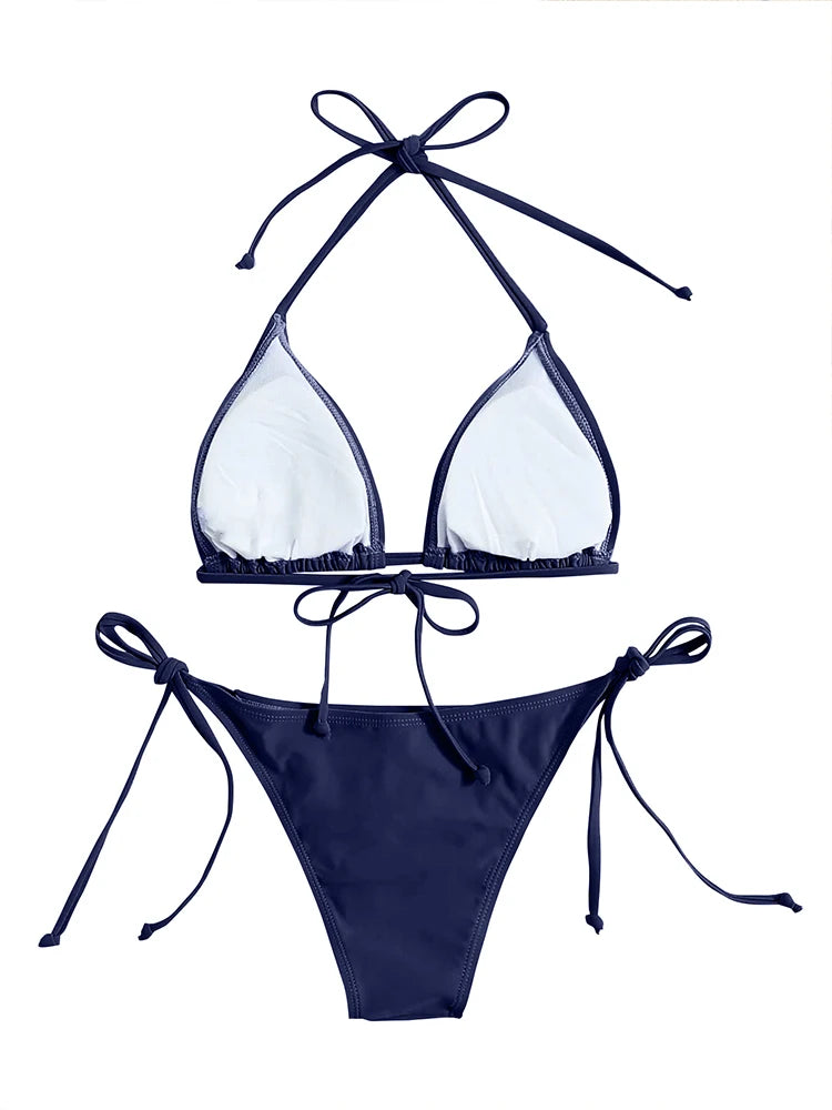 Navy blue bikini set fabric close-up