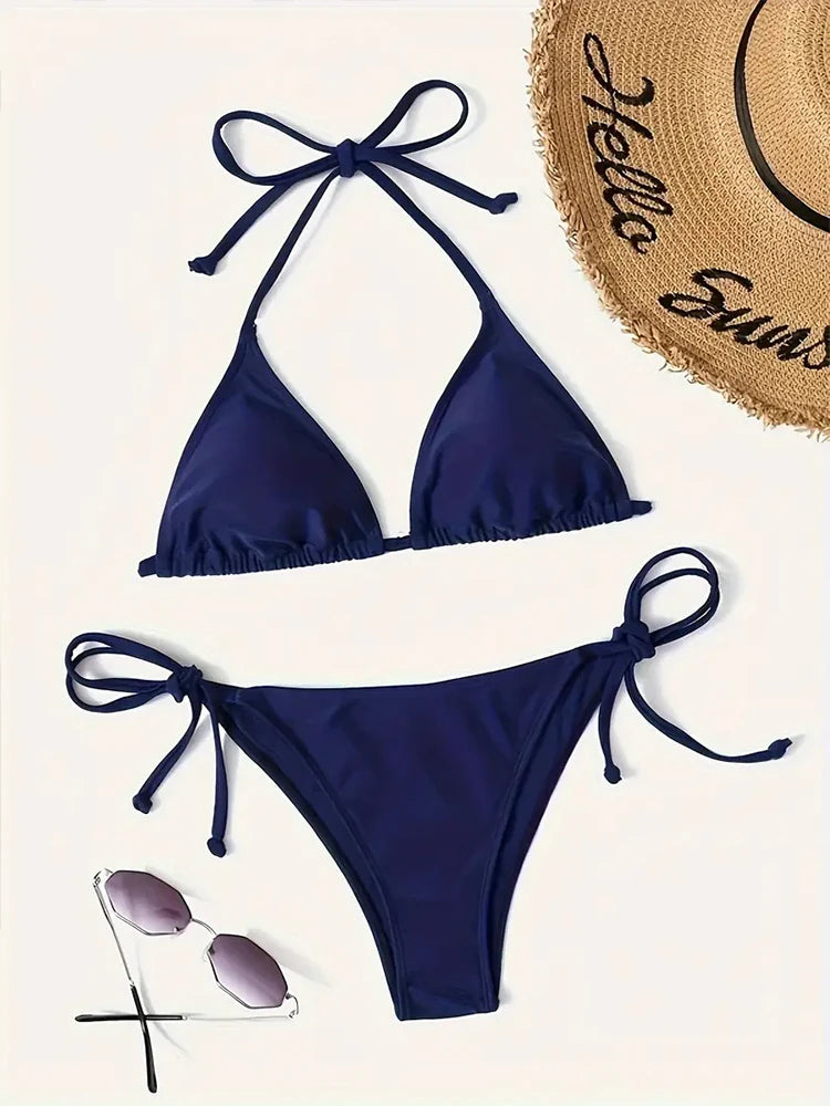 Navy blue triangle thong bikini set
