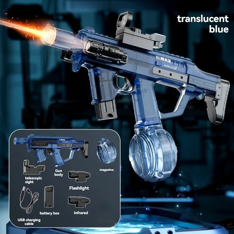 MK3 electric water gun translucent blue with drum magazine and accessories