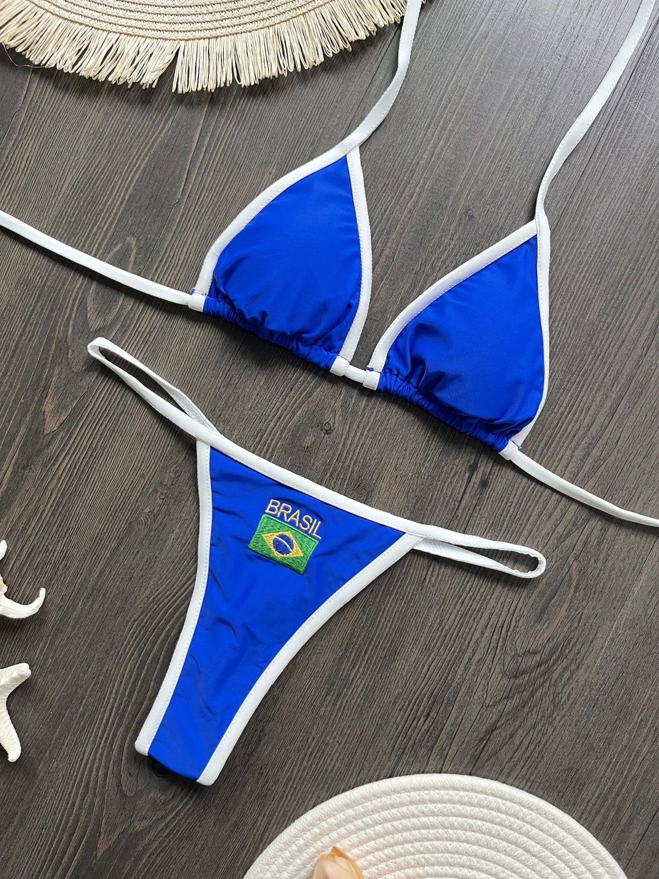 Blue Brasil flag embroidered bikini set