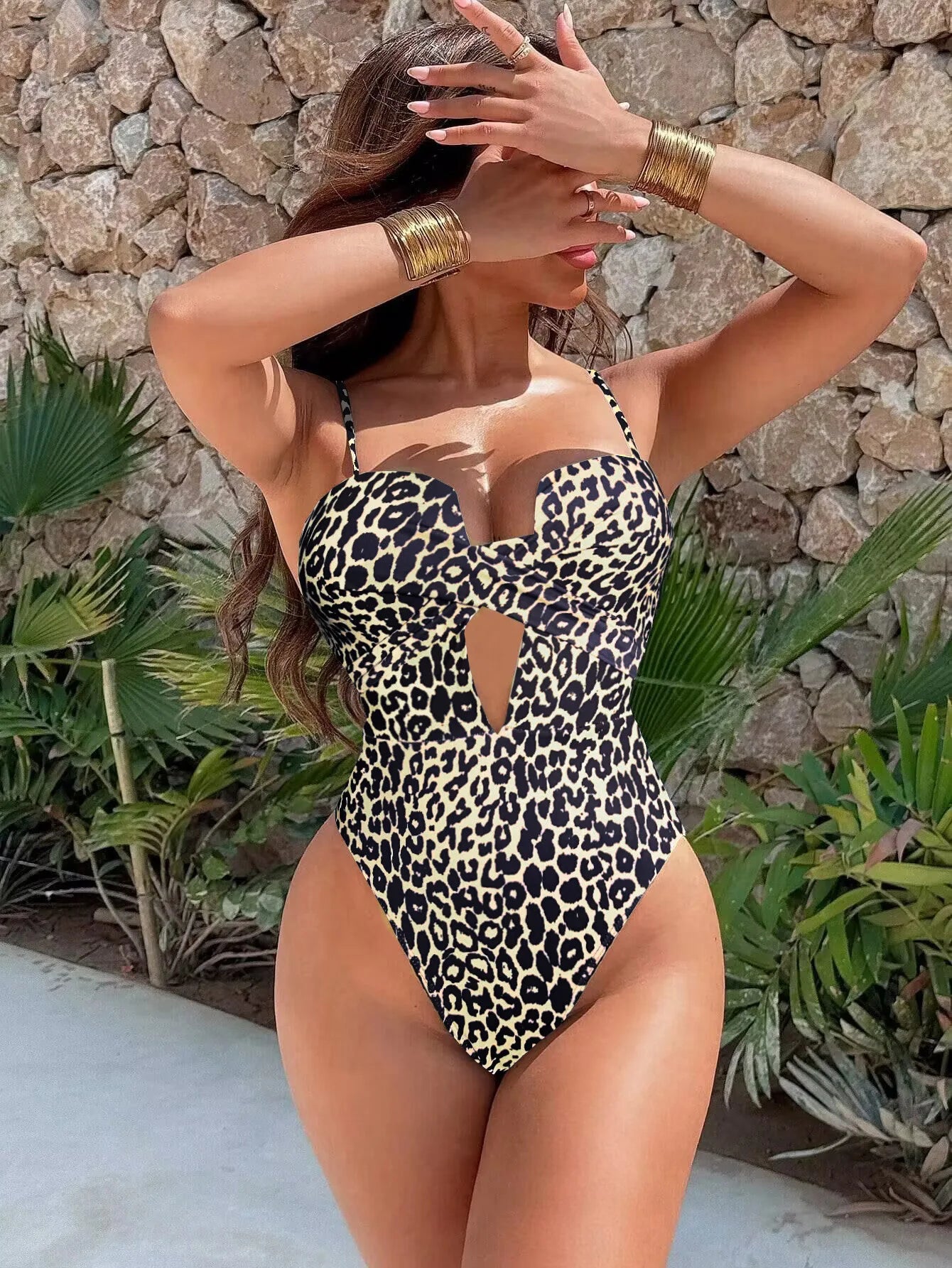 Leopard print one-piece hollow-out swimsuit