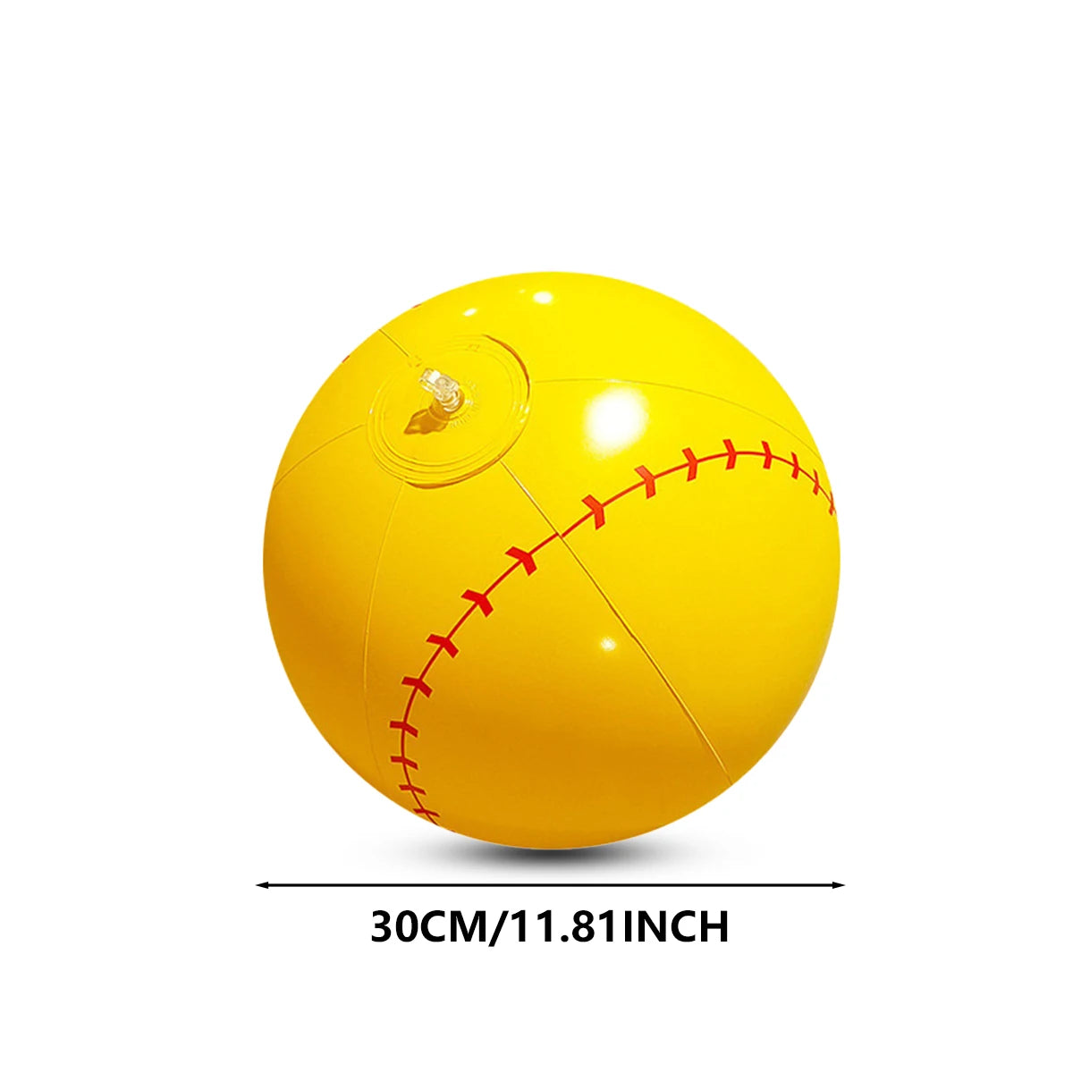 Inflatable baseball style beach ball, yellow with red stitching