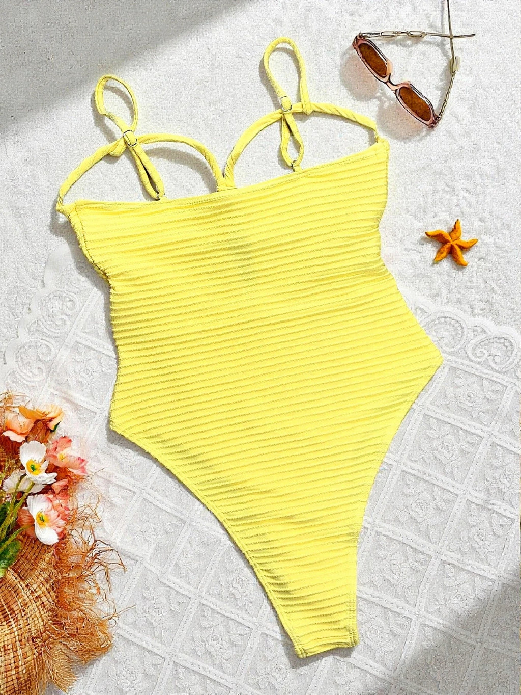 Yellow one-piece swimsuit back view