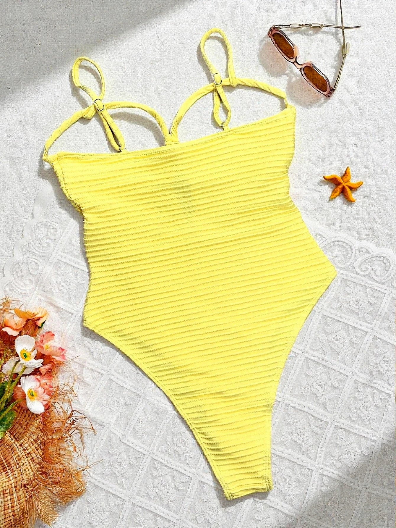 Yellow one-piece swimsuit back view