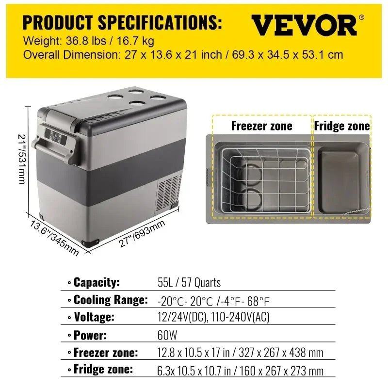 Car fridge 55L capacity specifications