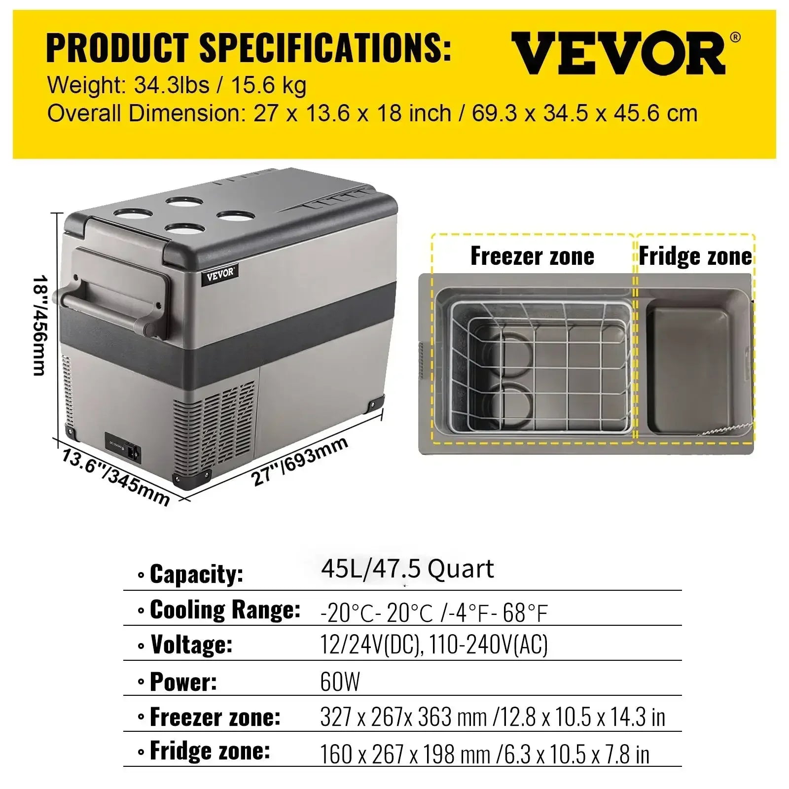 Car fridge 45L capacity specifications