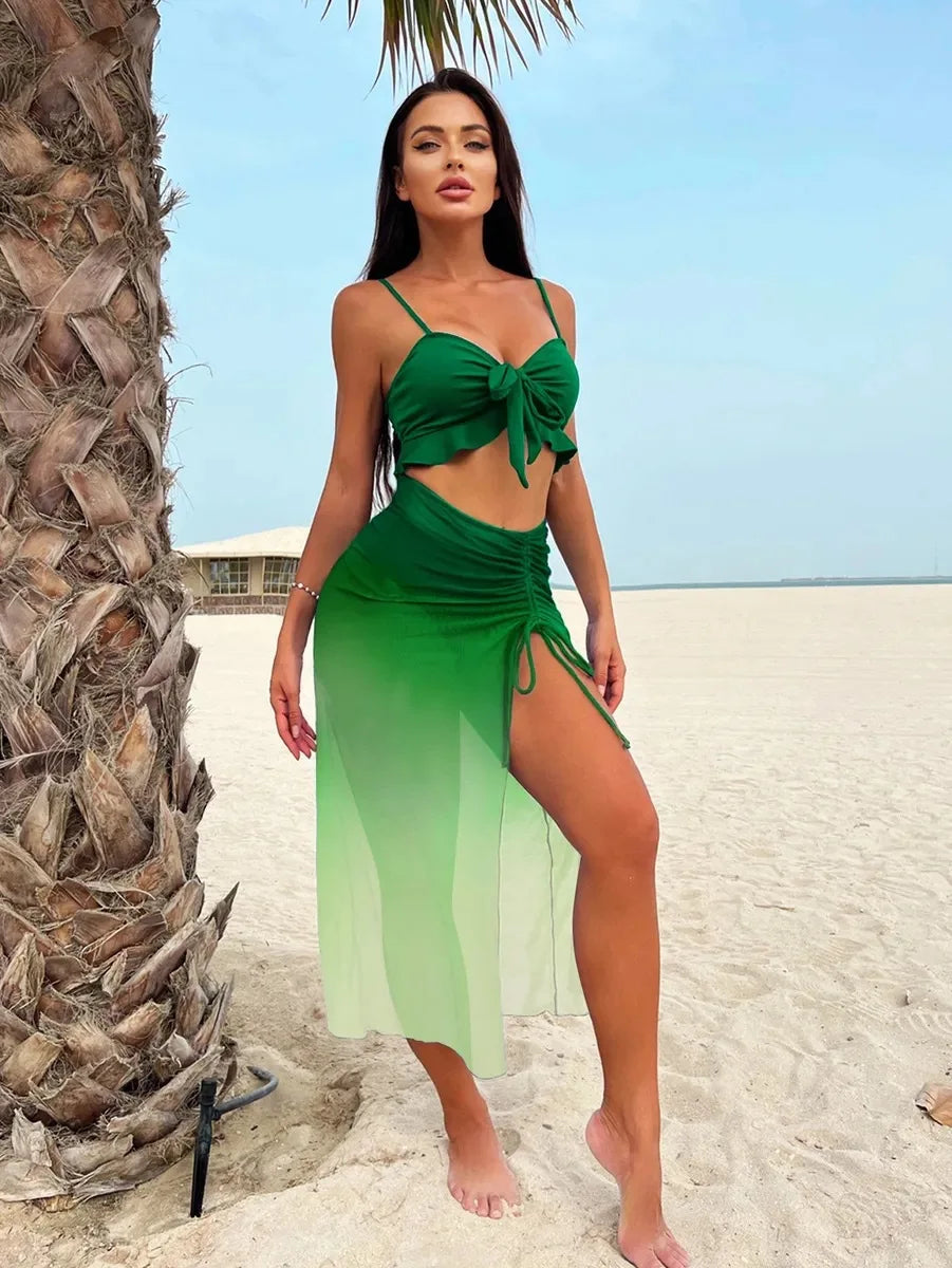Green gradient three piece bikini set