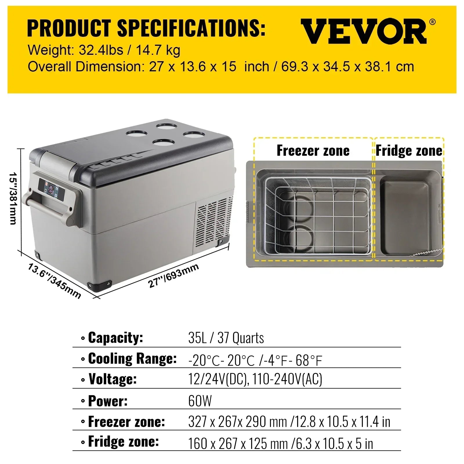 Car fridge 35L capacity specifications