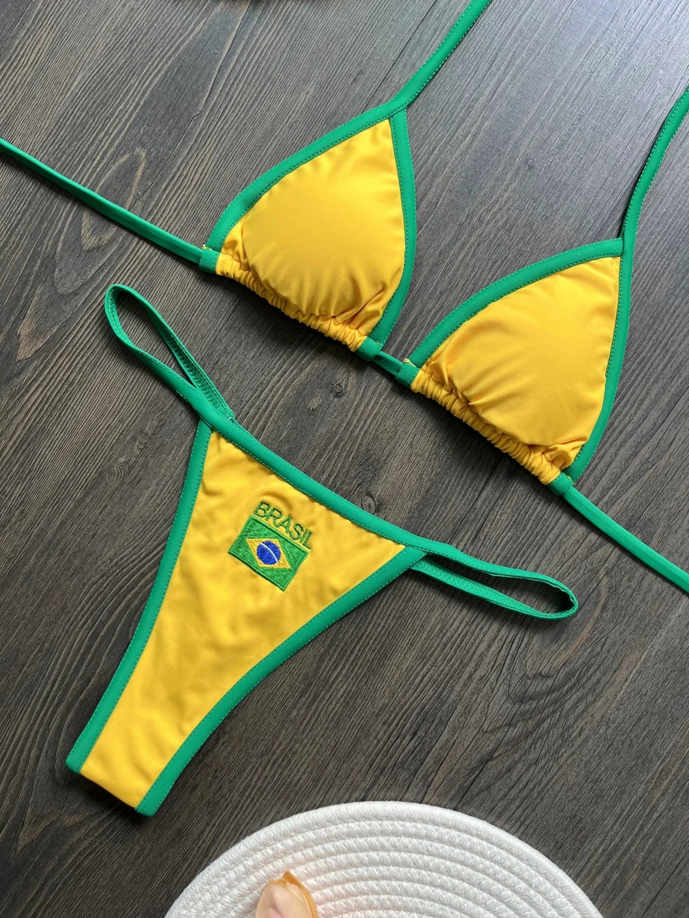 Yellow Brasil flag embroidered bikini set