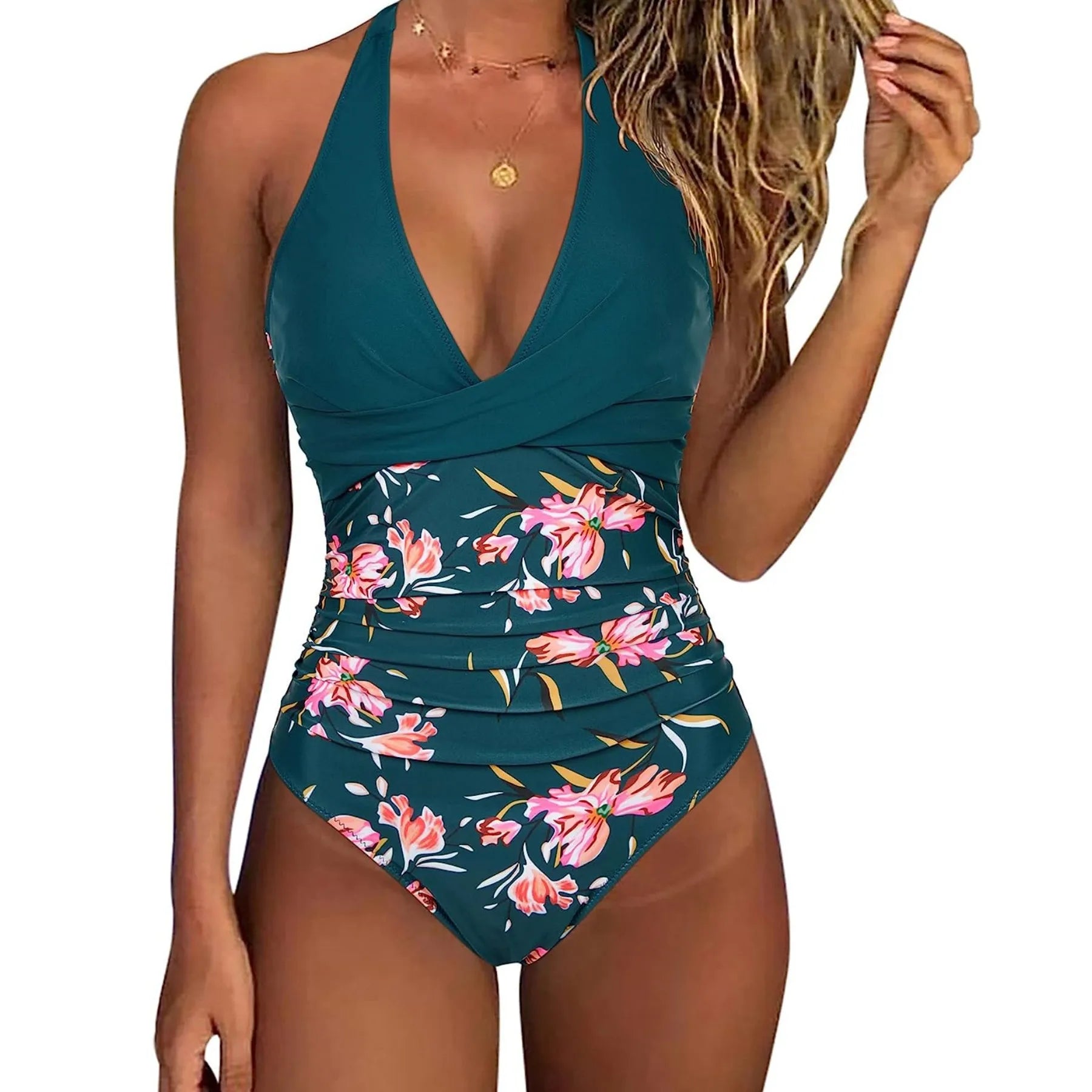 Blue floral one-piece swimsuit