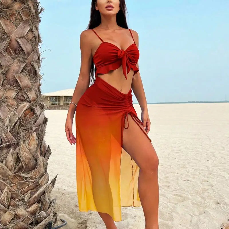 Red orange gradient three piece bikini set