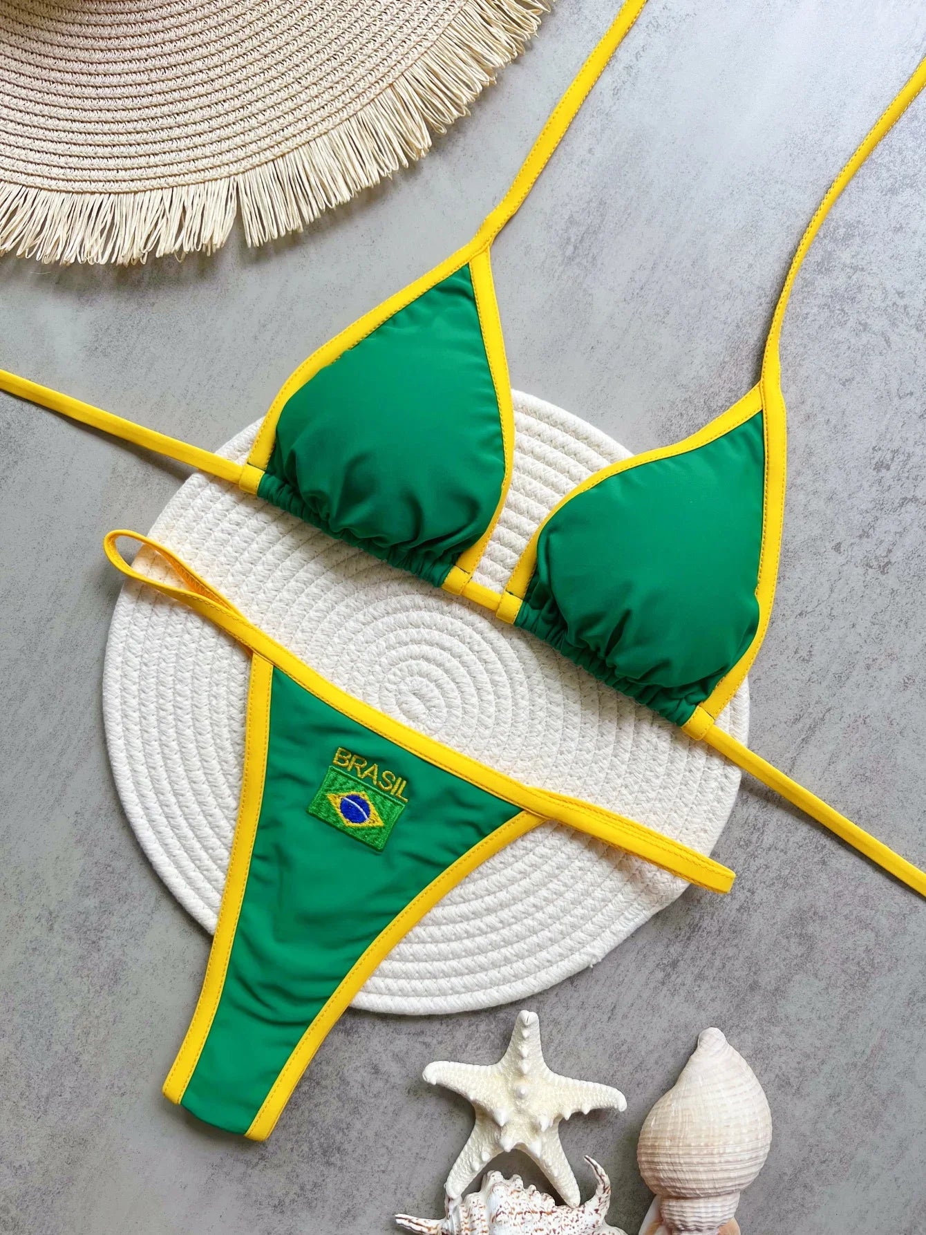 Green Brasil flag embroidered bikini set
