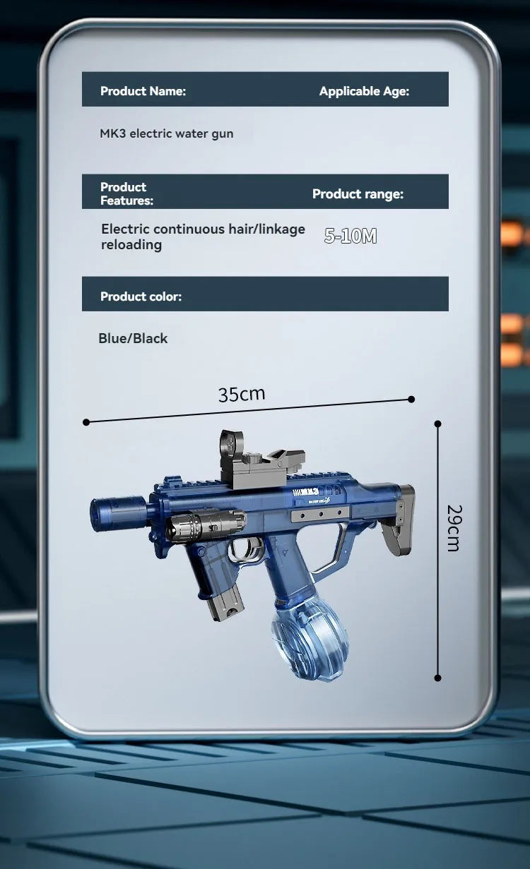 MK3 electric water gun specifications 35cm size and 5-10m range