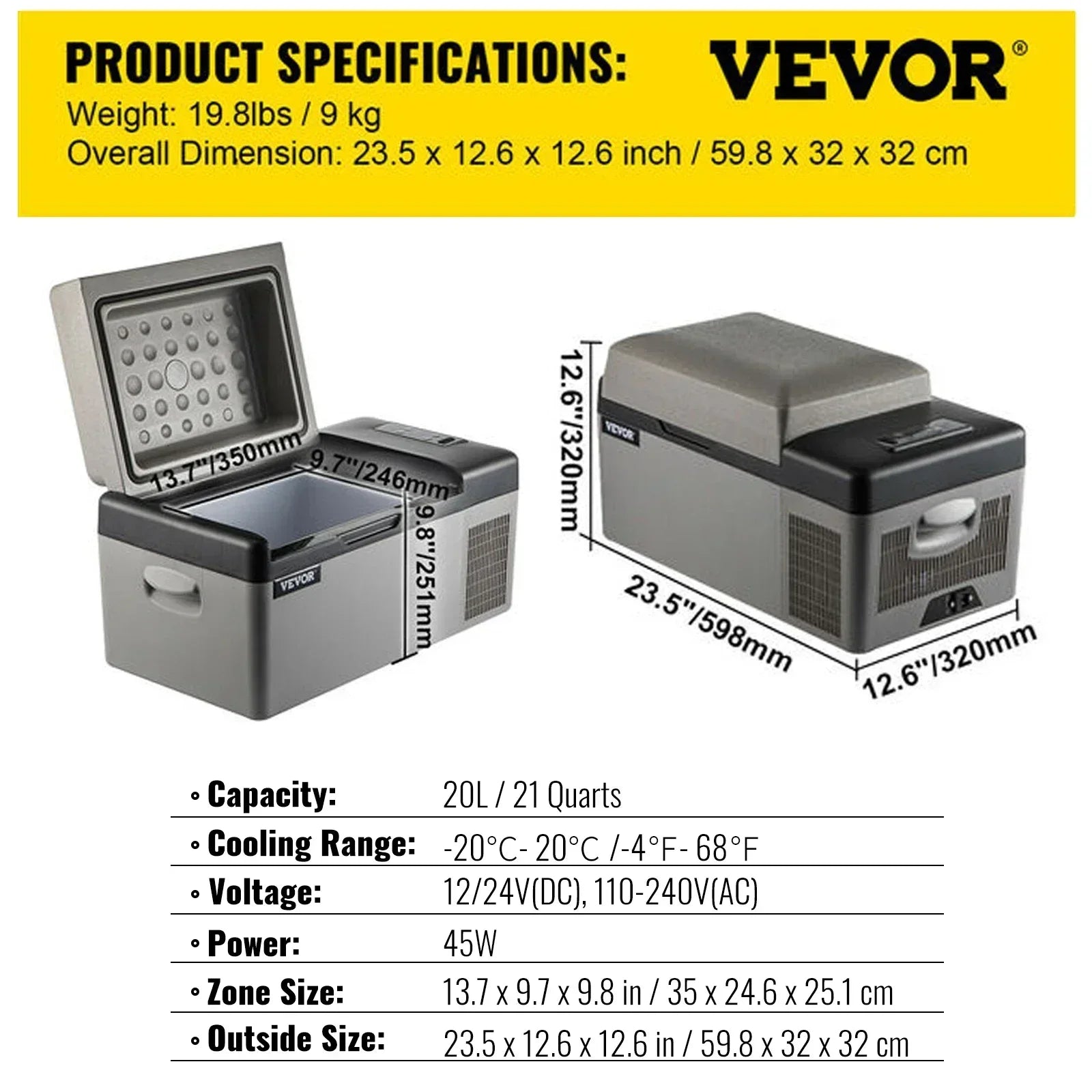 Car fridge 20L capacity specifications