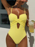 Yellow one-piece hollow-out swimsuit front view