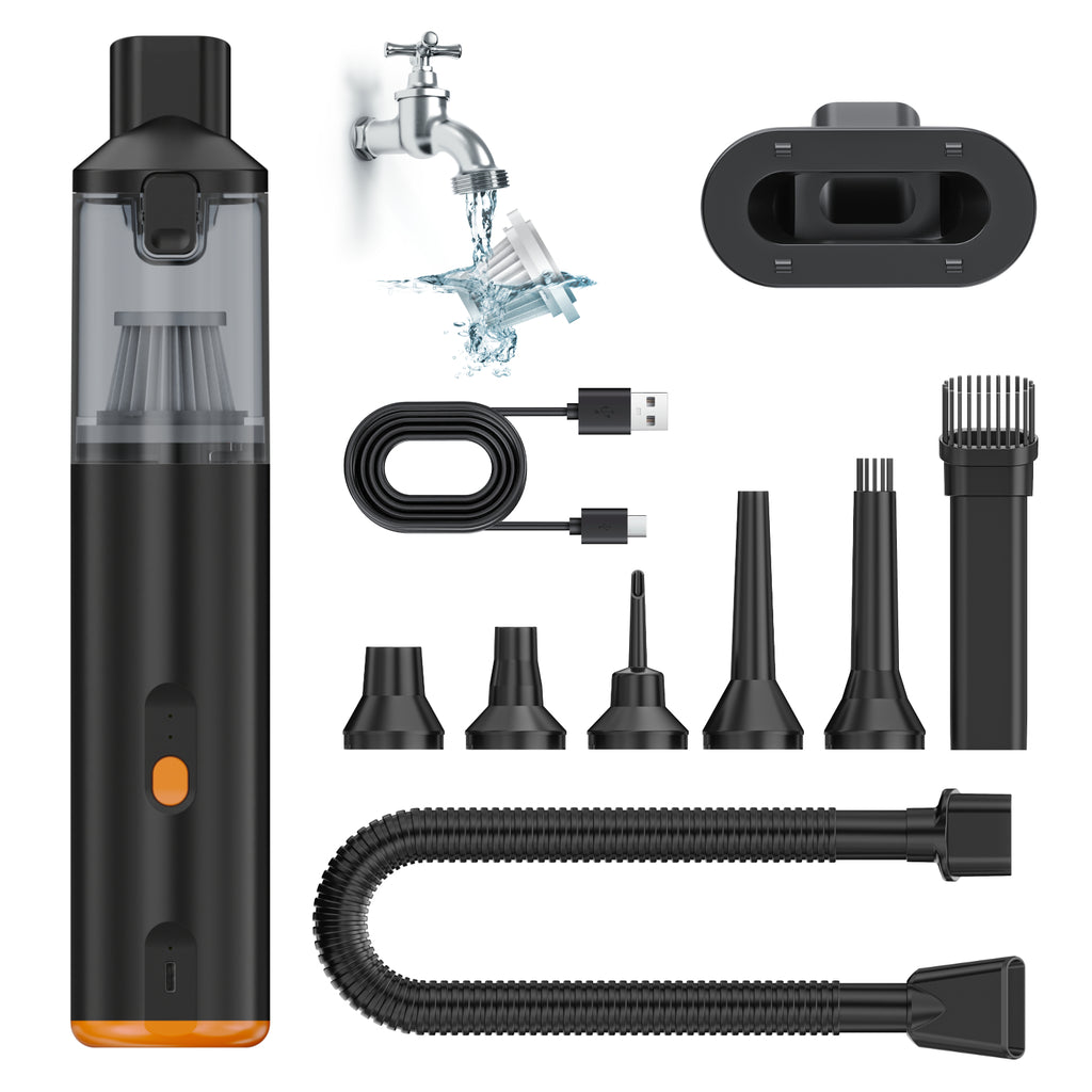 Ventra VC28 cordless handheld vacuum in black with 8 nozzles, flexible hose, USB-C cable and wall mount