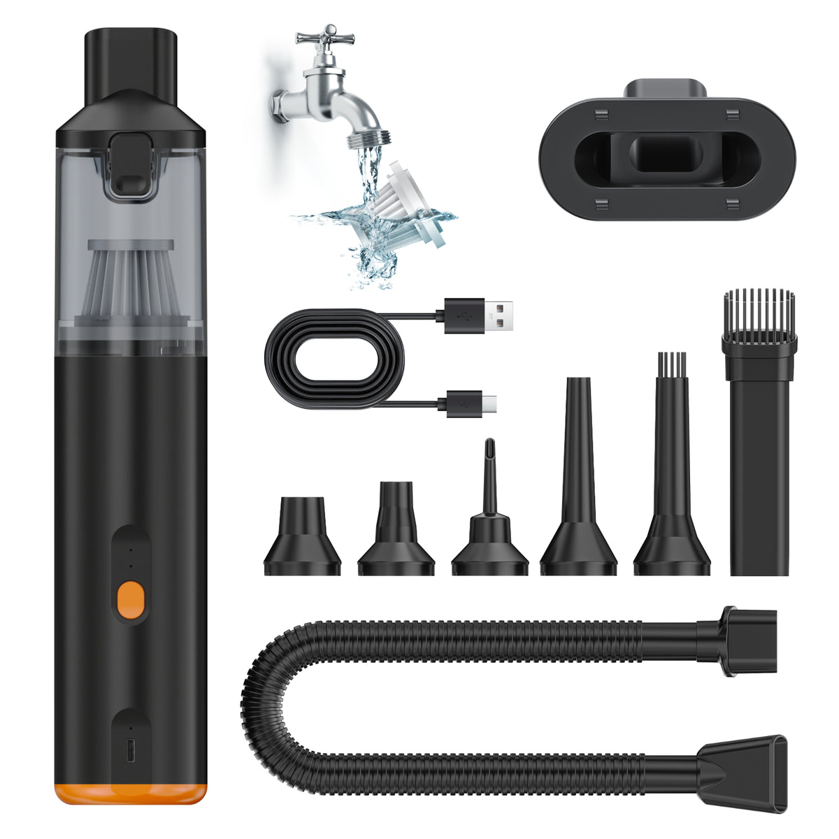 Ventra VC28 cordless handheld vacuum in black with 8 nozzles, flexible hose, USB-C cable and wall mount