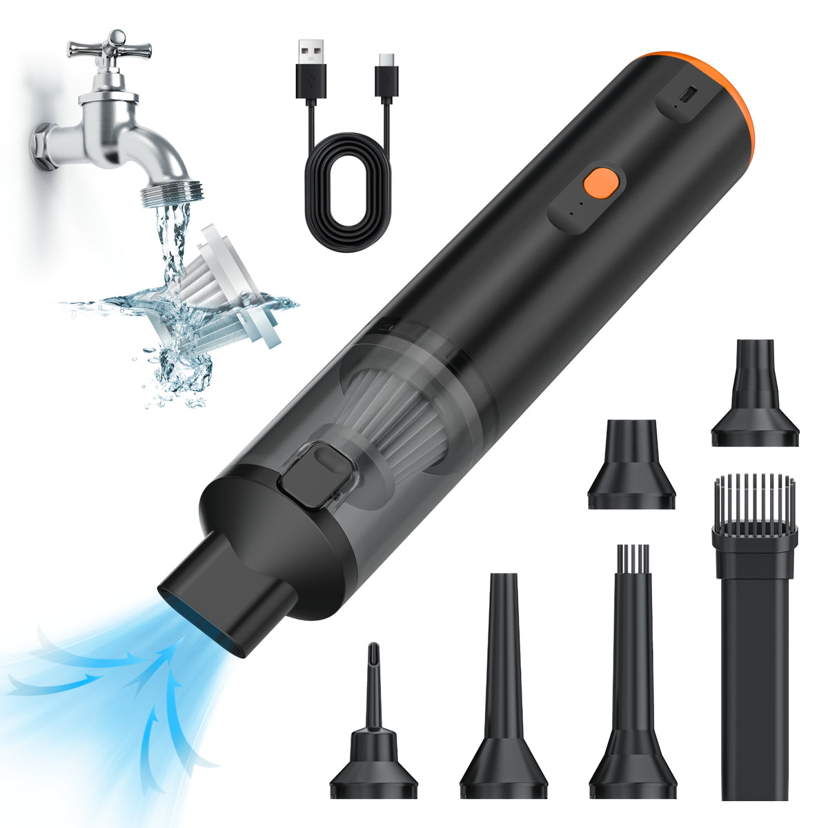 VC28 handheld vacuum shown in black and white with the full accessory kit