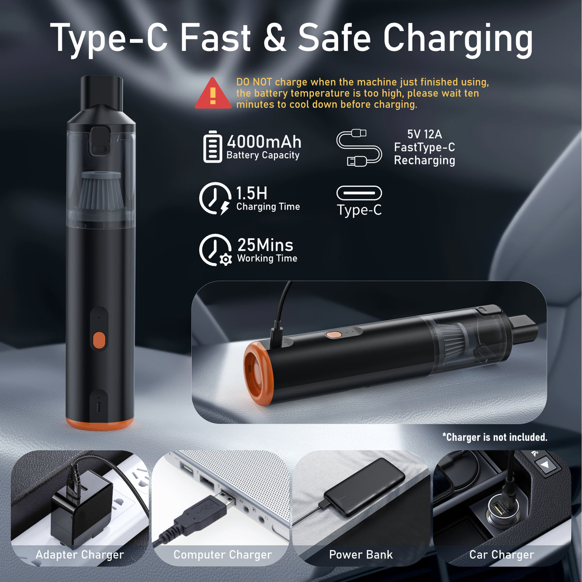 VC28 Type-C fast charging: 4000mAh battery, 1.5 hour charge, 25 minute run time